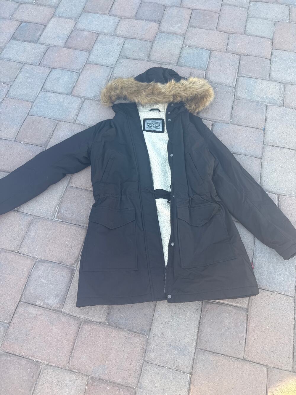 NEW Levis Sherpa Lined Parka Womens S Black Faux Fur Hood Winter Jacket